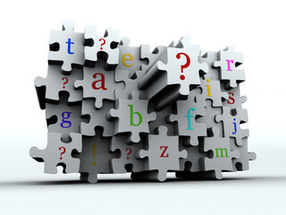 Conceptual puzzle wall with latters on face - renderend in 3d