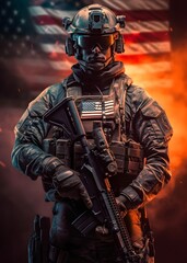 Fototapeta na wymiar Future military USA Robotic Soldier army, Idenpendece day 4 july, american flag background, Generative AI