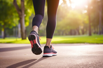 Woman runner jogging down an outdoor trail. Generative AI