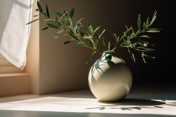 Modern summer still life photo, Beige ball shaped vase with green olive tree branch in sunlight with long shadows, Generative AI