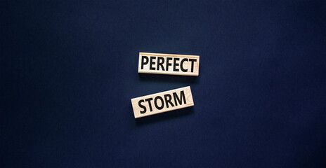 Perfect storm symbol. Concept words Perfect storm on beautiful wooden block. Beautiful black table...