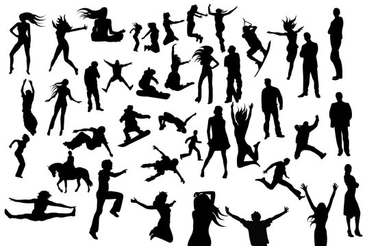 Large set of vector silhouettes.  Icludes, fashion girls, businessmen & women, jumping men & women, sports, skaters, snowboraders, energetic people, teenagers + more
