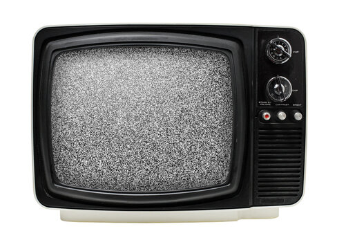 Old 12" black & white portable television, dusty and dirty. Isolated on white. Some static noise added on the screen in post-production.
