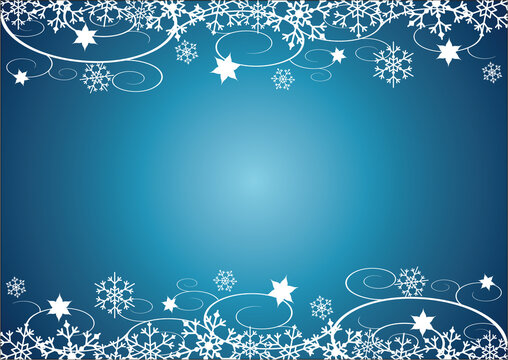 Decorative Christmas illustration with snowflakes, flowers and vines, blue background.