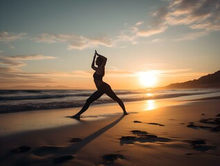 A woman practicing yoga on the beach, with a beautiful sunrise in the background