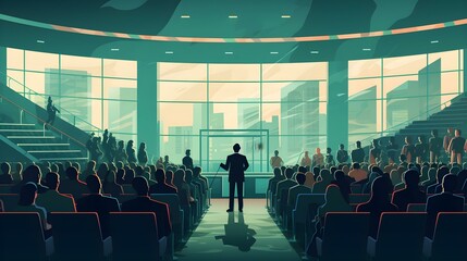 A vector illustration of a business executive giving a presentation to a large audience in a conference hall