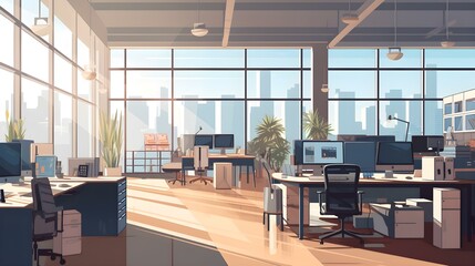 vector illustration of a modern, open-plan office space with collaborative workstations and natural light