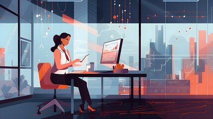 A vector illustration of a businesswoman using a tablet to analyze data in a modern office space