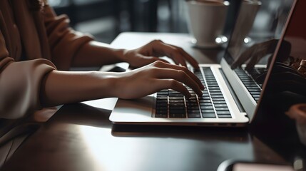 A close-up of a woman's hands typing on a laptop keyboard at a coffee shop