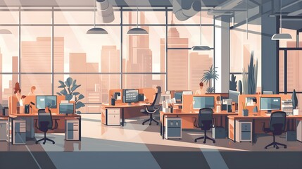 vector illustration of a modern, open-plan office space with collaborative workstations and natural light