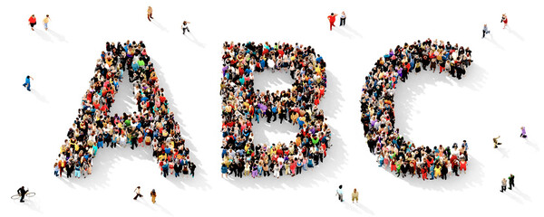 Large and diverse group of people gathered together in the shape of A B C letters, human alphabet concept, top view, on transparent background