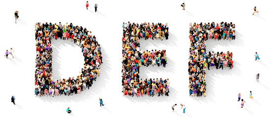 Large and diverse group of people gathered together in the shape of D E F letters, human alphabet concept, top view, on transparent background