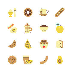 Breakfast color icon set. Vector collection symbol with egg, donut, apple, croissant, avocado, tea cup, toast, coffee. Food illustration.