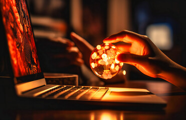 a hand holding up a light bulb in front of a laptop computer