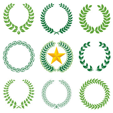 set of 9 laurel wreaths, vector illustration