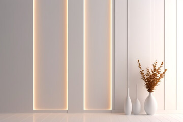 Beautiful bright background for product placement or presentation with decorative white panels and minimalistic style. Abstract interior with copy space. Generated AI