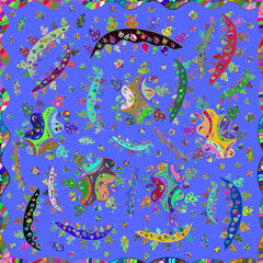 Fototapeta na wymiar Seamless pattern with interesting doodles on colorfil background. illustration.