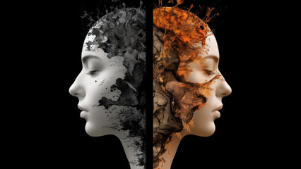 Metaphor bipolar disorder mind mental. Double face. Split personality. generative ai