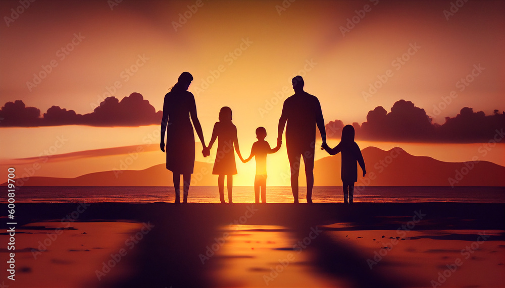 Wall mural family silhouette at the beach holding hands at sunset. family day concept. fathers day. mothers day