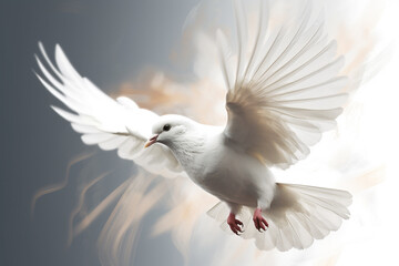 White flying dove or pigeon in colorful background. Symbol of love and peace. Generative AI