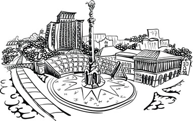 Independence Square, Kyiv, Ukraine. The main square of the country with a triumphal column. Black and white monochrome drawing