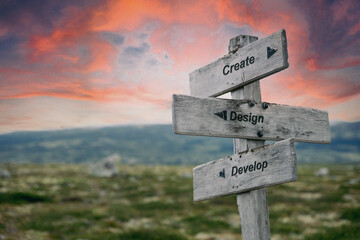 create design develop text quote on wooden signpost outdoors in nature. Pink dramatic skies in the background.