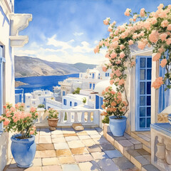 Fototapeta na wymiar watercolor painting of beautiful house in Greece. hand drawn, painting with white building, Seaview, alley, door, window, bougainvillea, houseplant, pot and blue sky 