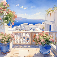 watercolor painting of beautiful house in Greece. hand drawn, painting with white building, Seaview, alley, door, window, bougainvillea,  houseplant, pot and blue sky  - obrazy, fototapety, plakaty