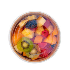 fruit salad in plastic box on white background - 600821137