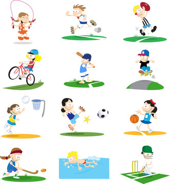 A collection of cartoon-style vector illustrations of kids playing a variety of sports. Note that if purchasing the vector it would be very easy to remove the small backgrounds for each character to b