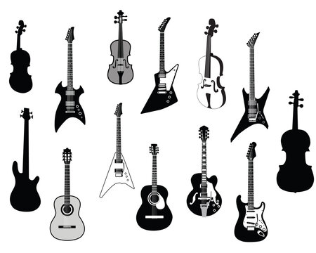 Set of detailed vector silhouettes different guitars