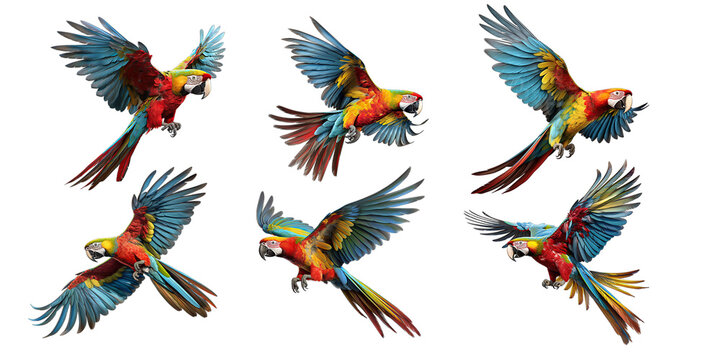 A set of macaws flying in the sky colorful parrot isolated on white background