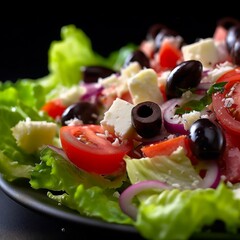 Greek salad with juicy tomatoes, crispy lettuce, sliced onions, and tangy kalamata olives