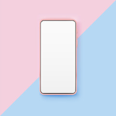 Pink realistic smartphone mockup on pastel color background. 3d mobile phone with blank white screen