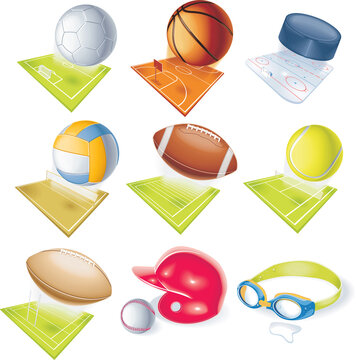 Detailed soccer, football, basketball, volleyball, rugby, hockey, swimming, basebal and tennis equipment with sport fields