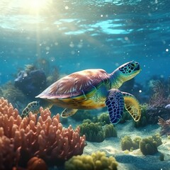 Fototapeta na wymiar Sea turtle swimming in the ocean with coral reef underwater. Background illustration for world oceans day concept. Life in tropical waters. generative ai illustration