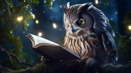 owl reading book on tree at night, learning and knowladge concept, Generative ai