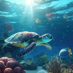 Fototapeta premium Sea turtle swimming in the ocean with coral reef underwater. Background illustration for world oceans day concept. Life in tropical waters. generative ai illustration