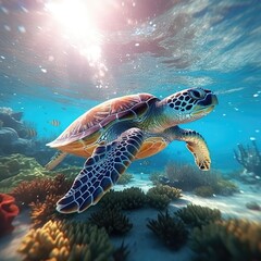 Obraz premium Sea turtle swimming in the ocean with coral reef underwater. Background illustration for world oceans day concept. Life in tropical waters. generative ai illustration
