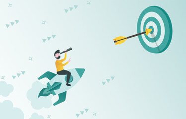 Business ideas concept. Go to success, going to the target. Businessman pointing finger at the target. Vector illustration with copy space.