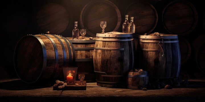 wooden barrels for wine on wooden table in dark background Generative AI