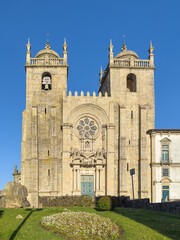 Front of the Romanesque Porto Cathedral (Se do Porto). The Porto Cathedral is a popular tourist attraction of Portugal. The historic centre of Porto was designated a UNESCO World Heritage site