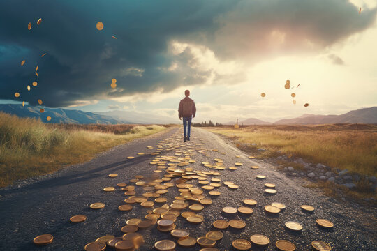 Back view of man walking down a path while it is raining money from above, road paved with coins, AI generated illustration