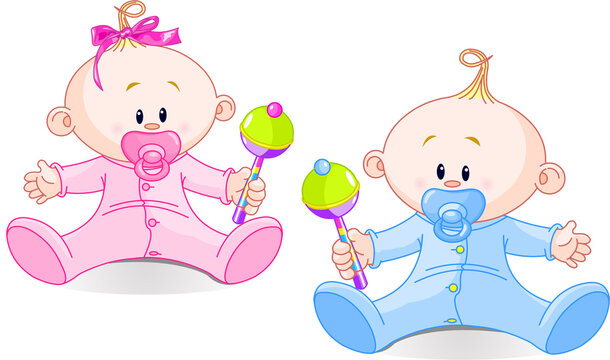 Twin Baby Boy And Girl  playing with rattles