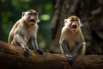 a pair of cute monkeys are laughing