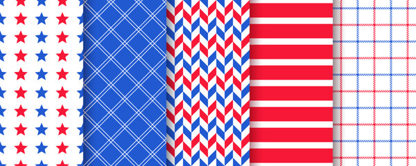American backgrounds. 4th July seamless pattern. Patriotic prints. Set of Happy independence day textures. USA flag backdrops with stripes and stars. Blue red geometric ornament. Vector illustration. 