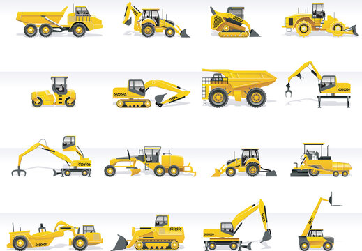 Set of detailed tractors and excavators
