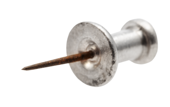 view from tip on vintage steel push pin isolated on white background