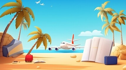 With coconut trees in the background, an airplane, luggage, a passport, and a volleyball are all used in advertisements with text about summer travel.The Generative AI