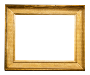 old horizontal classic wide golden picture frame isolated on white background with cut out canvas